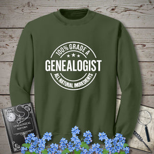 100 Percent Genealogist Sweatshirt in Military Green by Genealogy Keepsakes