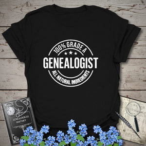 100 Percent Genealogist T-Shirt in Black by Genealogy Keepsakes