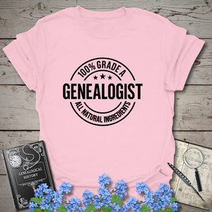 100 Percent Genealogist T-Shirt in Light Pink by Genealogy Keepsakes