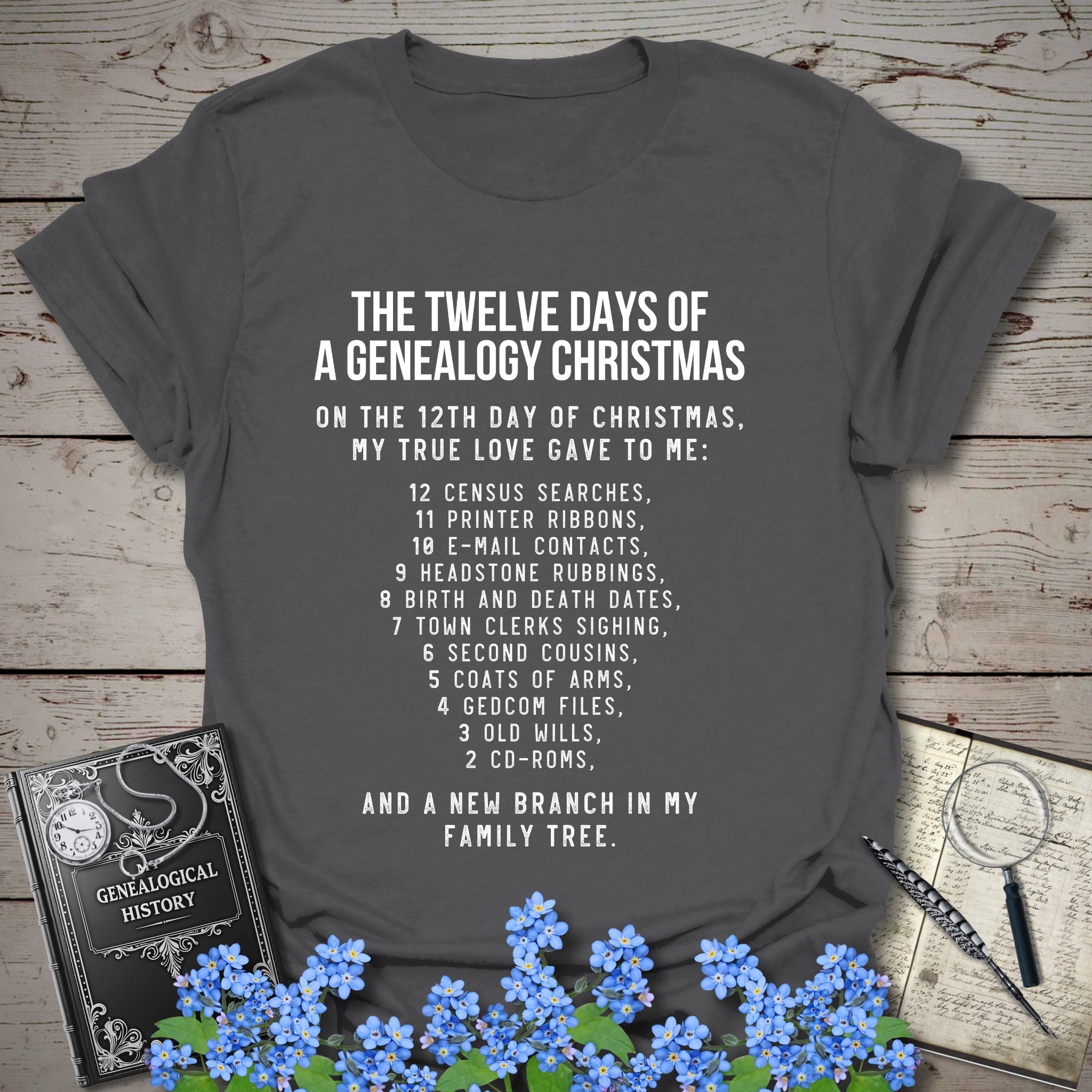 12 Days of Christmas T-Shirt in Charcoal by Genealogy Keepsakes