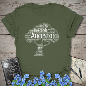 Ancestor Word Cloud Tree T-Shirt in Military Green by Genealogy Keepsakes