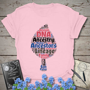 Ancestry Word Cloud T-Shirt in Light Pink by Genealogy Keepsakes
