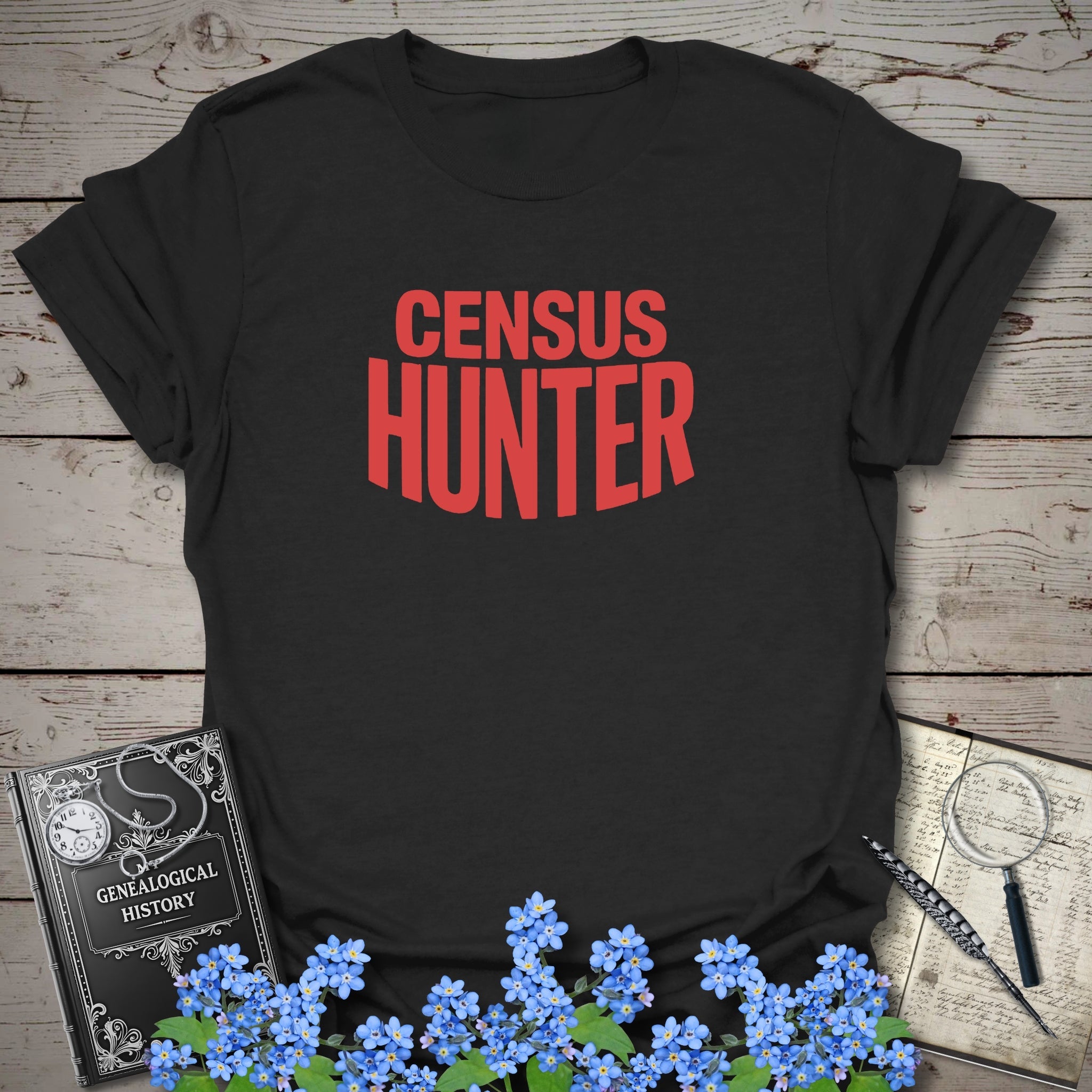 Census Hunter T-Shirt in Black by Genealogy Keepsakes
