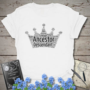 Crown Word Cloud T-Shirt in White by Genealogy Keepsakes