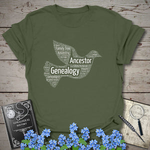Dove Word Cloud T-Shirt in Military Green by Genealogy Keepsakes