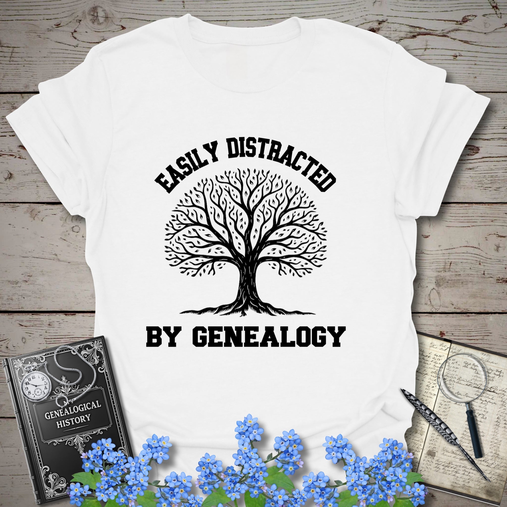 Easily Distracted By Genealogy T-Shirt in White by Genealogy Keepsakes