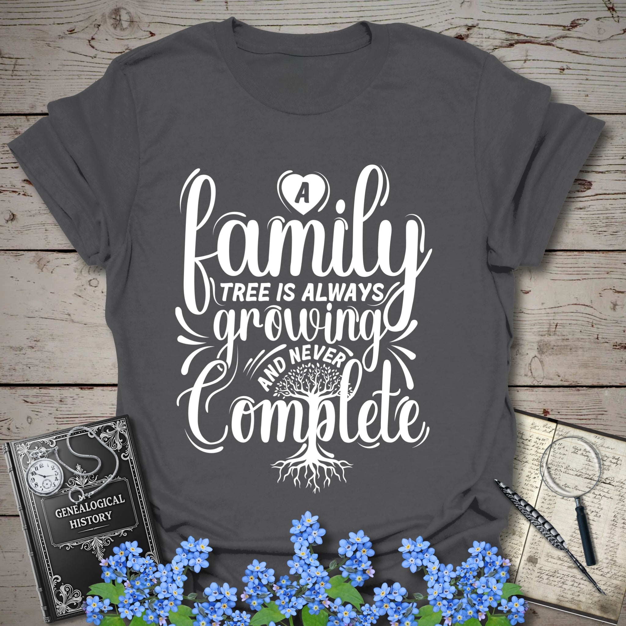 Family Tree Is Always Growing T-Shirt in Charcoal by Genealogy Keepsakes