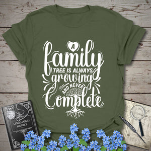 Family Tree Is Always Growing T-Shirt in Military Green by Genealogy Keepsakes
