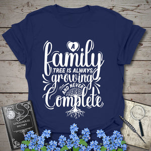 Family Tree Is Always Growing T-Shirt in Navy by Genealogy Keepsakes