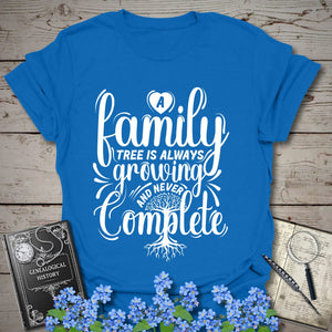 Family Tree Is Always Growing T-Shirt in Royal by Genealogy Keepsakes