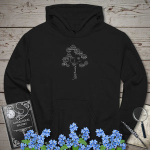 Family Tree Word Cloud Hoodie in Black by Genealogy Keepsakes
