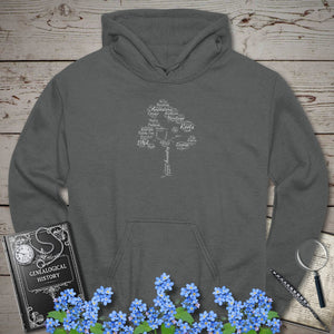 Family Tree Word Cloud Hoodie in Charcoal by Genealogy Keepsakes