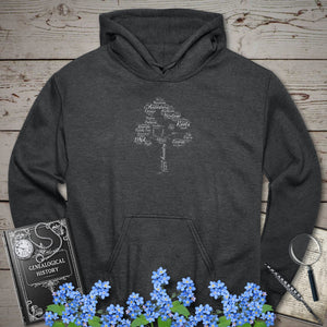 Family Tree Word Cloud Hoodie in Dark Heather by Genealogy Keepsakes