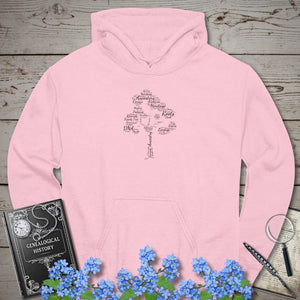Family Tree Word Cloud Hoodie in Light Pink by Genealogy Keepsakes