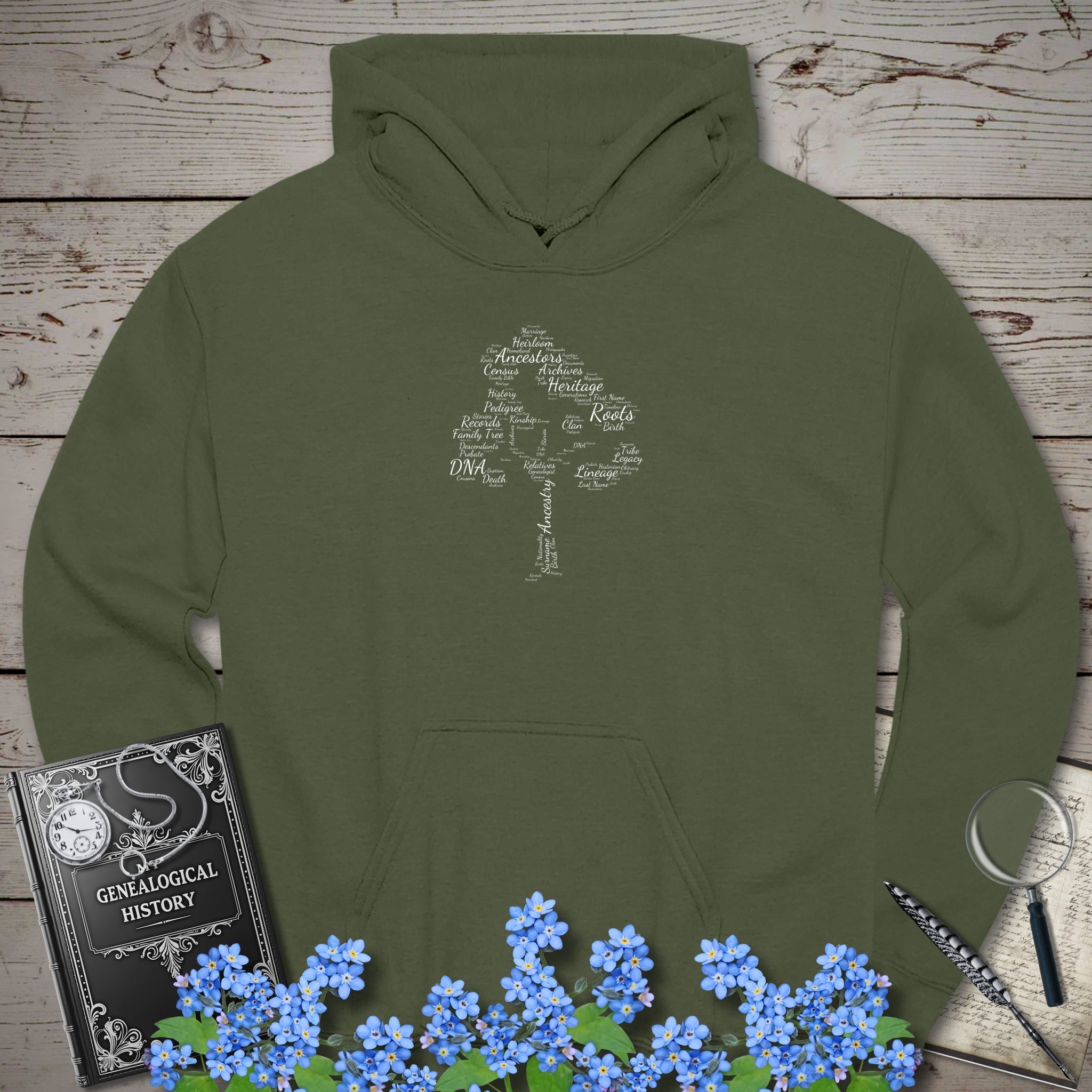 Family Tree Word Cloud Hoodie in Military Green by Genealogy Keepsakes