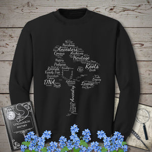 Family Tree Word Cloud Sweatshirt in Black by Genealogy Keepsakes