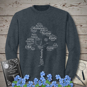Family Tree Word Cloud Sweatshirt in Dark Heather by Genealogy Keepsakes