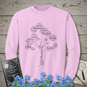 Family Tree Word Cloud Sweatshirt in Light Pink by Genealogy Keepsakes