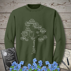 Family Tree Word Cloud Sweatshirt in Military Green by Genealogy Keepsakes