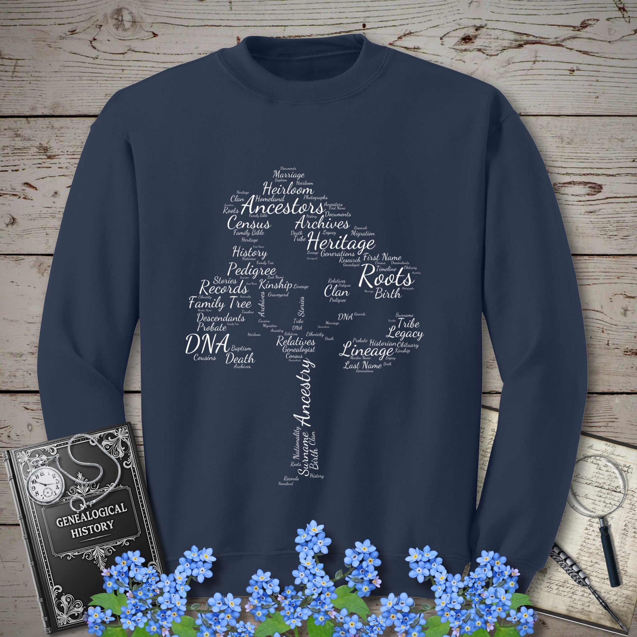 Family Tree Word Cloud Sweatshirt in Navy by Genealogy Keepsakes