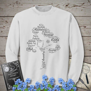 Family Tree Word Cloud Sweatshirt in White by Genealogy Keepsakes