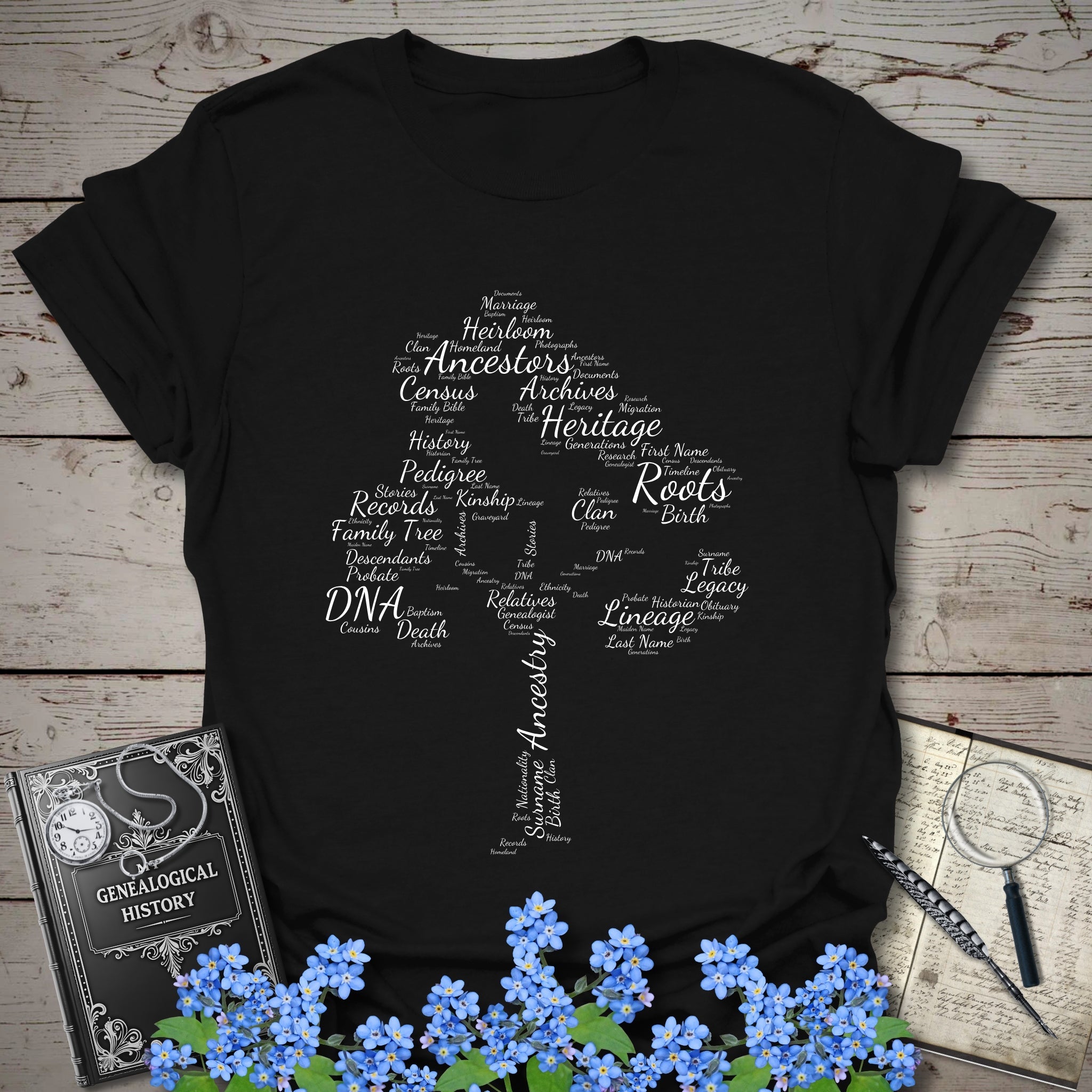 Family Tree Word Cloud T-Shirt in Black by Genealogy Keepsakes