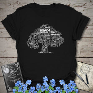 Family Tree Word Cloud T-Shirt in Black by Genealogy Keepsakes