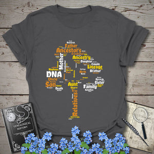 Family Tree Word Cloud T-Shirt in Charcoal by Genealogy Keepsakes