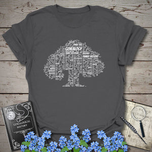 Family Tree Word Cloud T-Shirt in Charcoal by Genealogy Keepsakes