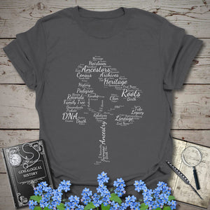 Family Tree Word Cloud T-Shirt in Charcoal by Genealogy Keepsakes