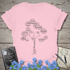 Family Tree Word Cloud T-Shirt in Light Pink by Genealogy Keepsakes