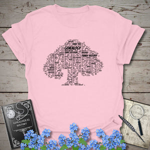 Family Tree Word Cloud T-Shirt in Light Pink by Genealogy Keepsakes