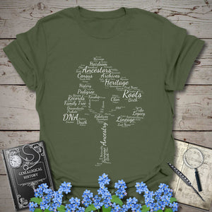 Family Tree Word Cloud T-Shirt in Military Green by Genealogy Keepsakes