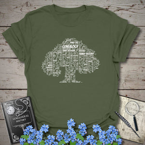 Family Tree Word Cloud T-Shirt in Military Green by Genealogy Keepsakes