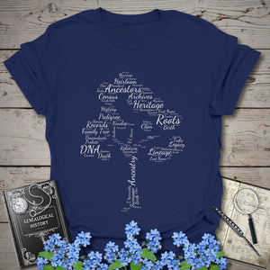 Family Tree Word Cloud T-Shirt in Navy by Genealogy Keepsakes