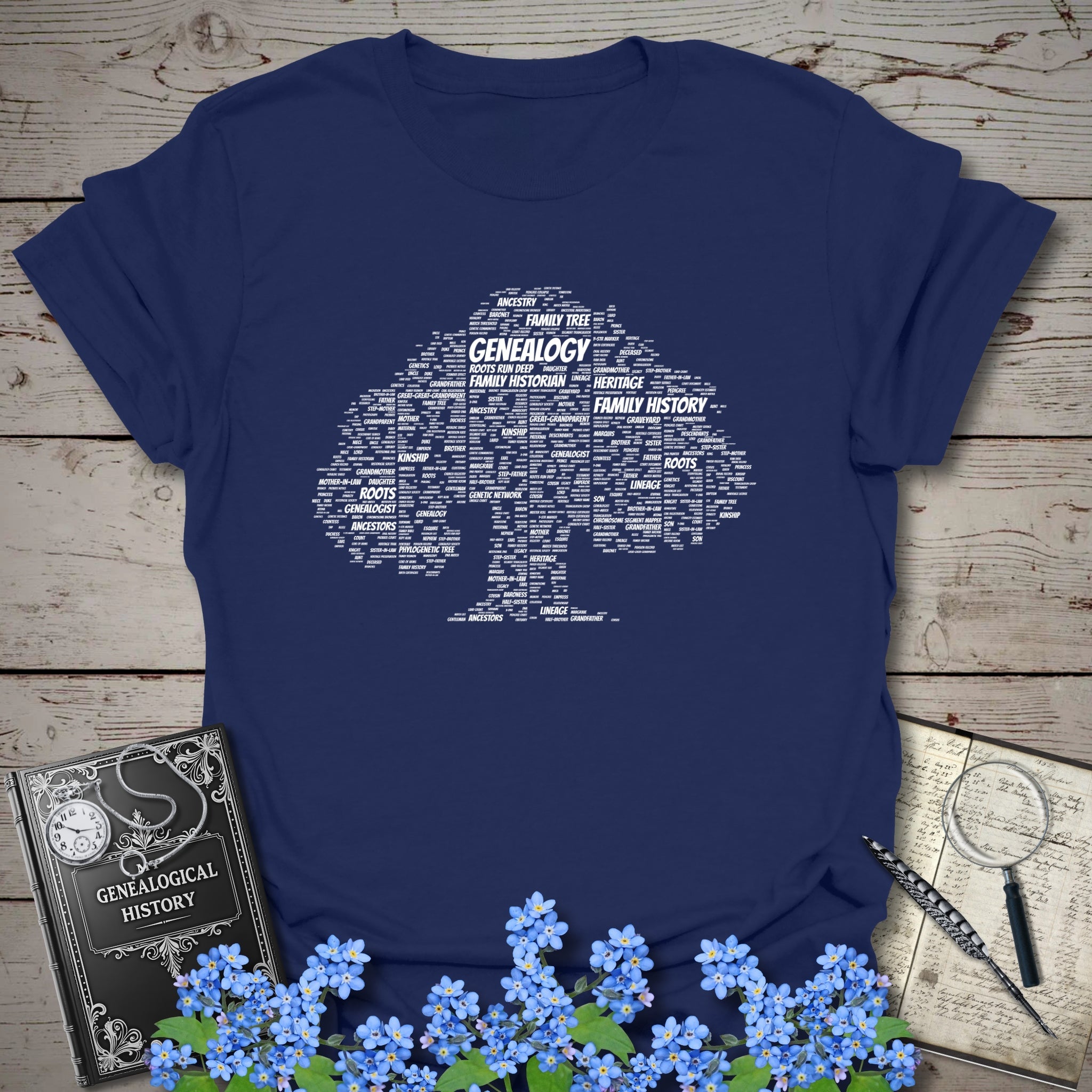 Family Tree Word Cloud T-Shirt in Navy by Genealogy Keepsakes