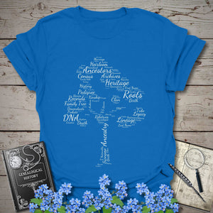 Family Tree Word Cloud T-Shirt in Royal by Genealogy Keepsakes