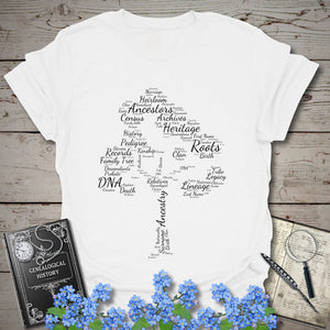 Family Tree Word Cloud T-Shirt in White by Genealogy Keepsakes