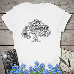 Family Tree Word Cloud T-Shirt in White by Genealogy Keepsakes