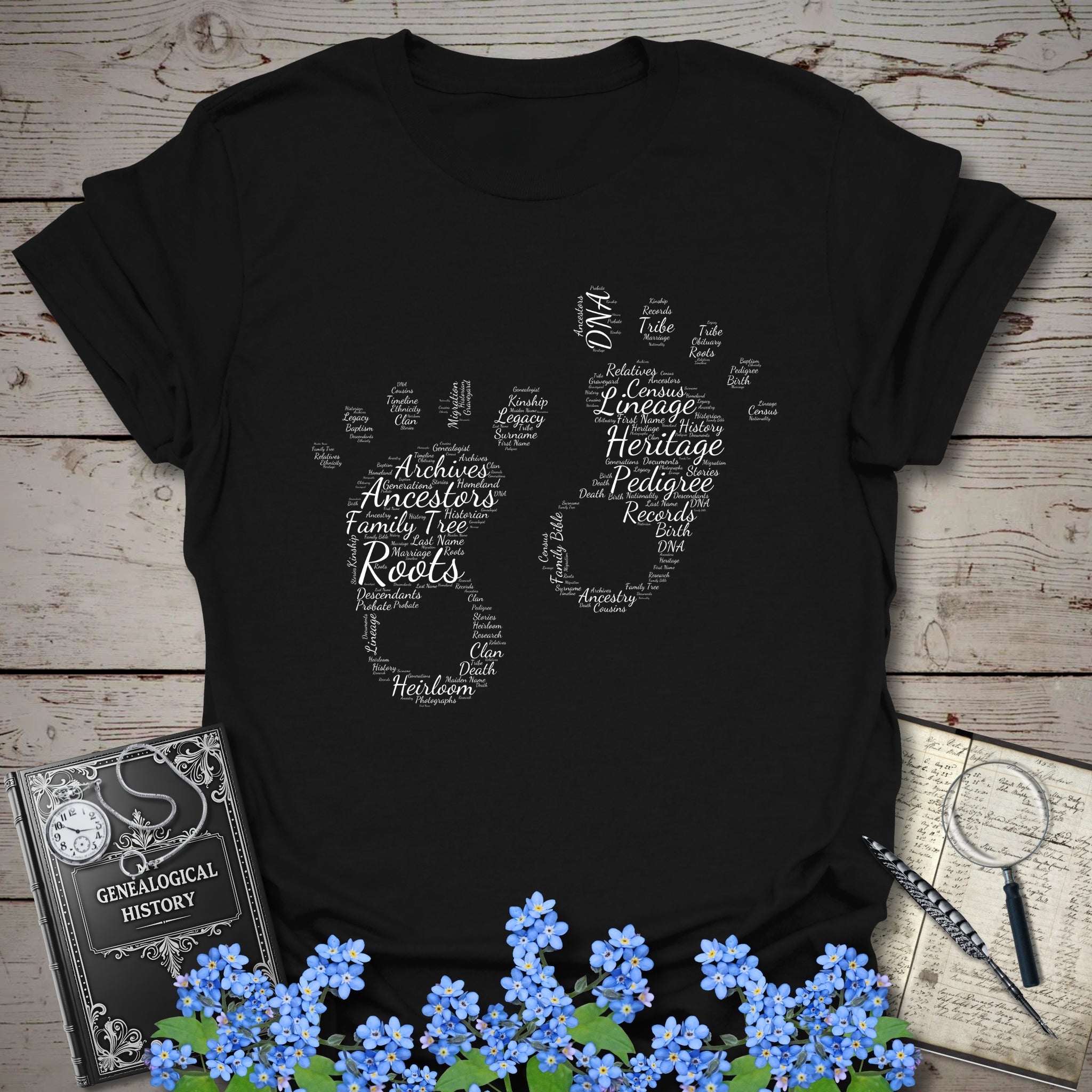 Footprints Word Cloud T-Shirt in Black by Genealogy Keepsakes