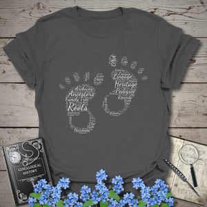 Footprints Word Cloud T-Shirt in Dark Heather Grey by Genealogy Keepsakes