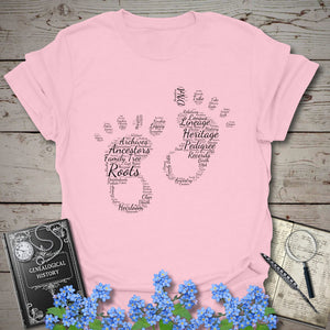 Footprints Word Cloud T-Shirt in Light Pink by Genealogy Keepsakes