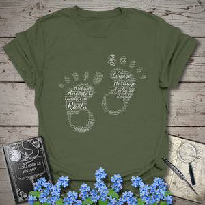 Footprints Word Cloud T-Shirt in Military Green by Genealogy Keepsakes