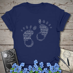 Footprints Word Cloud T-Shirt in Navy by Genealogy Keepsakes