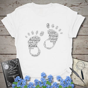 Footprints Word Cloud T-Shirt in White by Genealogy Keepsakes