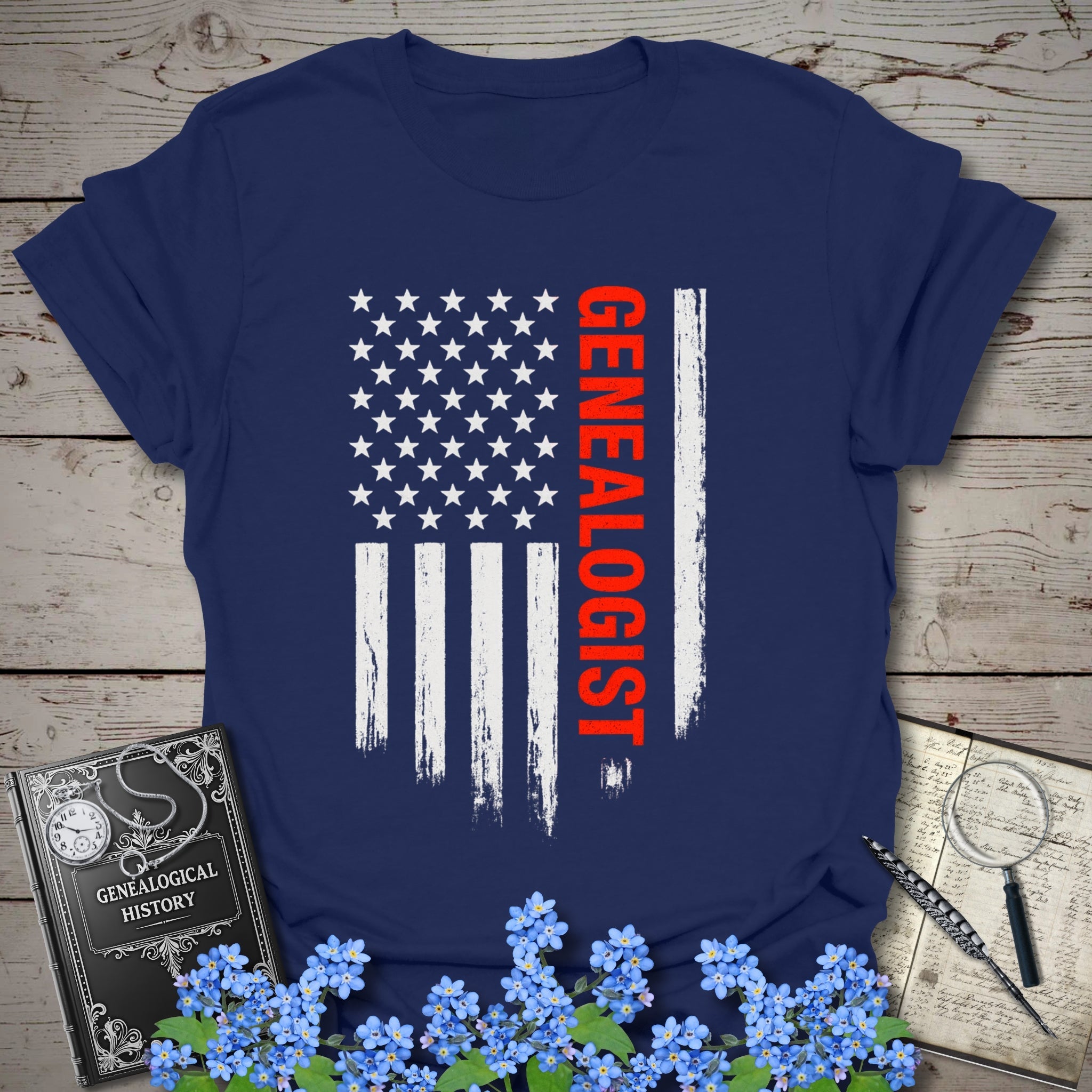 Genealogist American Flag T-Shirt in Navy by Genealogy Keepsakes