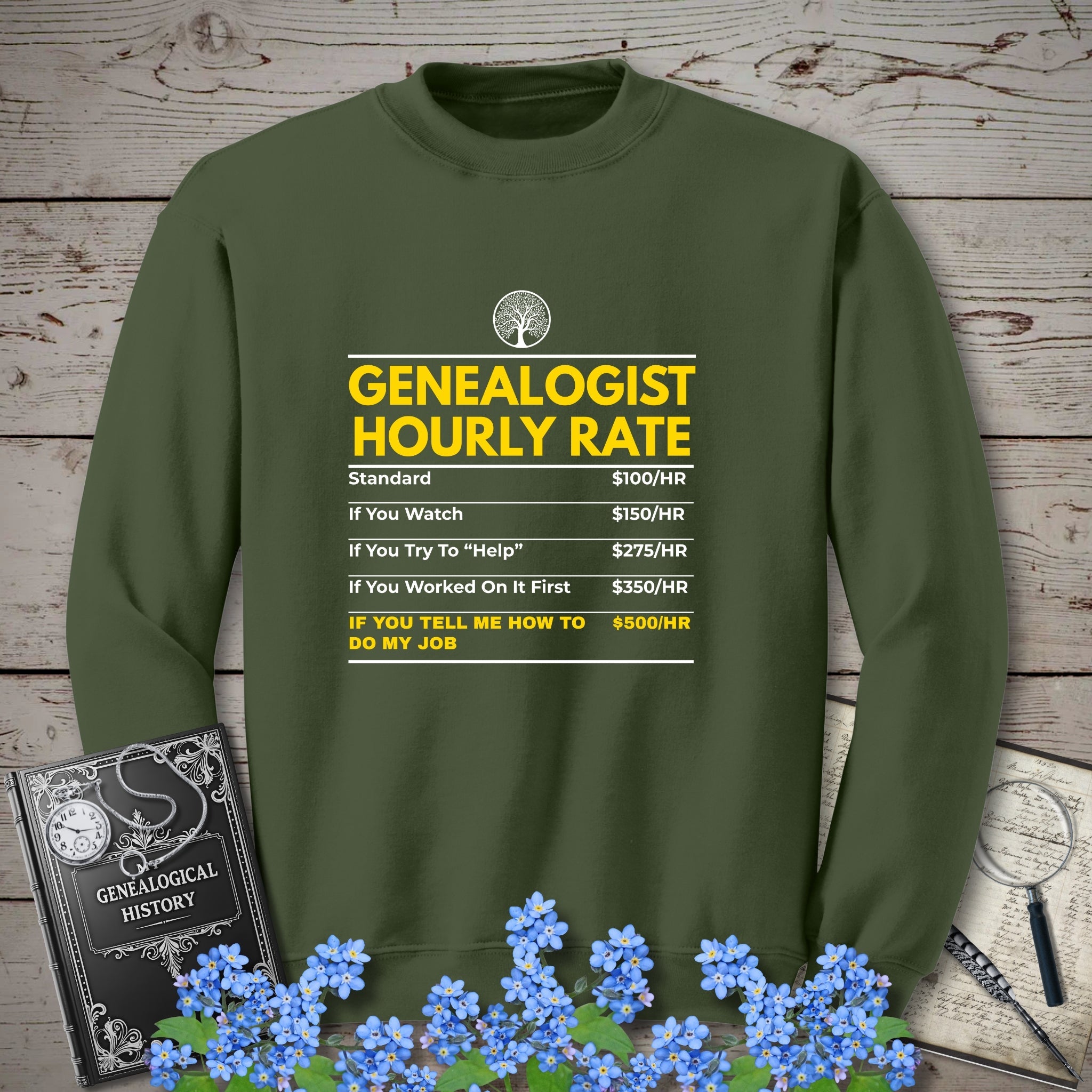 Genealogist Hourly Rate Sweatshirt in Military Green by Genealogy Keepsakes