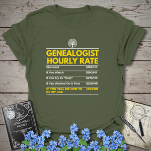 Genealogist Hourly Rate T-Shirt in Military Green by Genealogy Keepsakes