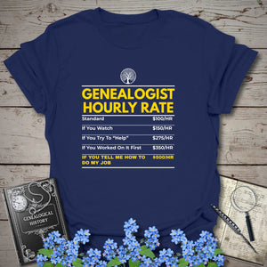 Genealogist Hourly Rate T-Shirt in Navy by Genealogy Keepsakes