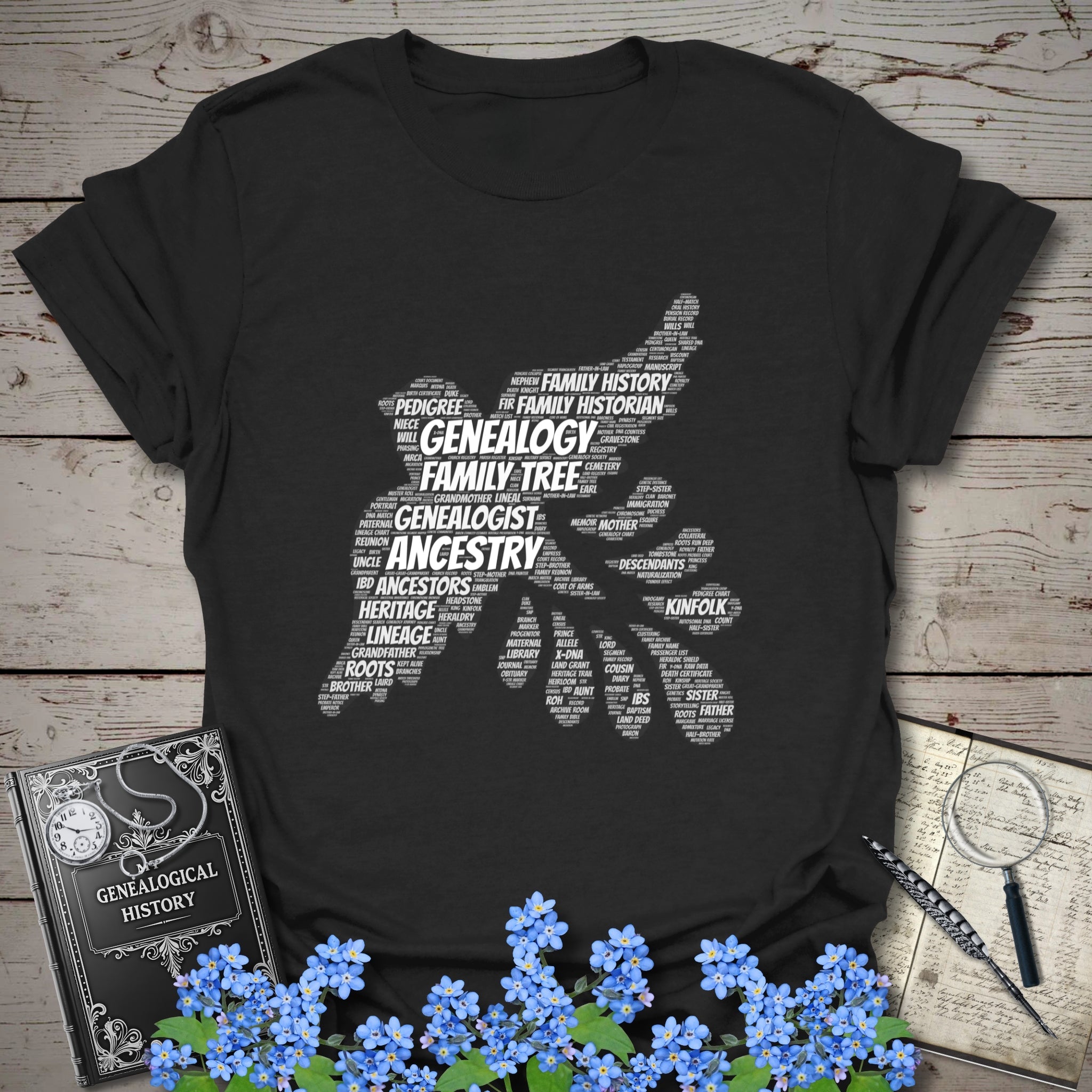 Genealogy Dove Word Cloud T-Shirt in Black by Genealogy Keepsakes